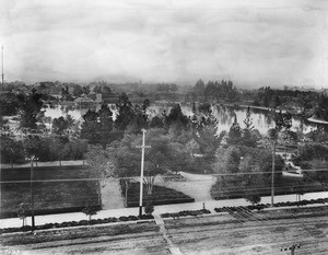 View of West Lake (later MacArthur) Park looking south from Sixth Street, Los Angeles, ca.1908