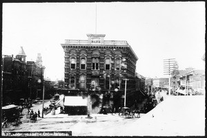 County Bank and Jacoby Brothers building at the corner of Temple Street at Main Street and Spring Street, looking south, 1887