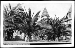 Exterior view of the Bellevue Terrace Hotel on the corner of Sixth Street and Figueroa Street, ca.1889