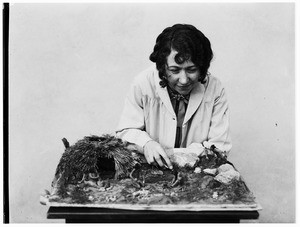 Woman leaning over a display of Native American life at the Pacific Southwest Museum