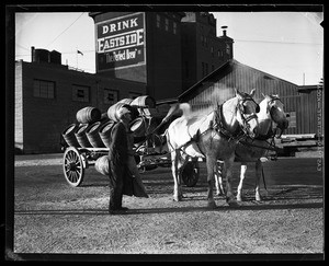 Horse-drawn wagon outside of the Eastside Brewery in Los Angeles
