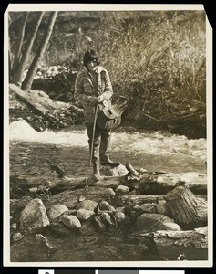 Woman fishing for trout in a stream, ca.1930