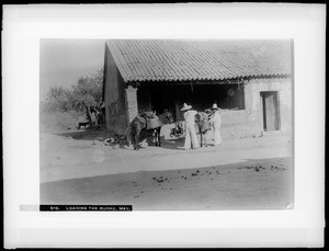 Two men wearing sombreros loading a burro in front of a building, Mexico, ca.1900