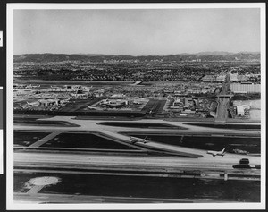 View of the runways and theme building at the Los Angeles International Airport, taken by James Caldwell, in February 1971