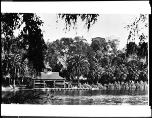 View across the Echo Park Lake, showing the boat house, 1924