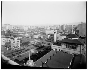 View of rooftops in downtown Los Angeles, showing the Examiner building