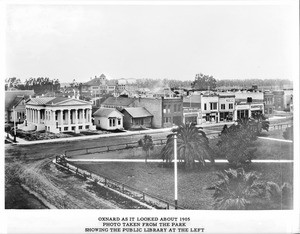 Panoramic view of Oxnard, showing the public library at left, Ventura County, 1905