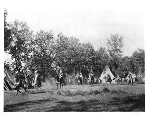 Uniatella(?) Indian horsemen parading through their tribal site, ca.1900
