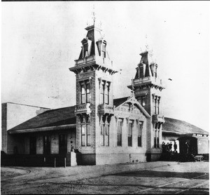 Los Angeles and Independence Railroad Depot, San Pedro Street & Fourth Street, before 1888