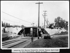 Demolition of old narrow bridge across Venice Boulevard at West Boulevard, ca.1930-1960