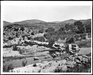 Birdseye view of the Sand Diego Mission dam, 1936