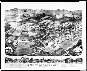 Drawing by E.S. Glover depicting Los Angeles looking West, including an inlay of individual buildings in detail at bottom, 1871