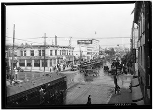 Birdseye view of the flooded dirt intersection of Hollywood Boulevard and Highland Avenue in Los Angeles