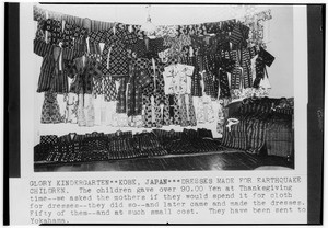 Dresses made for earthquake victims at Glory Kindergarten in Kobe, Japan