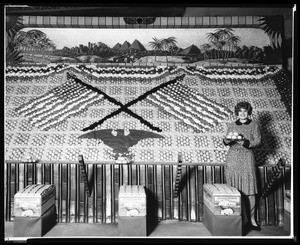 Display of citrus fruit at the Los Angeles County Fair, showing a woman with a tray of fruit, ca.1925-1929