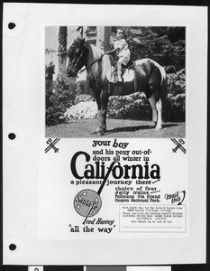 Santa Fe Railway advertisement showing a young boy on a pony, 1924