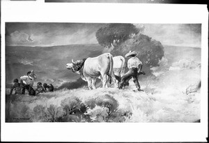 Painting by Einar Corsten Petersen, depicting "The Mexican Farmer" plowing with oxen