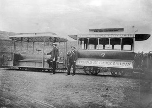 Temple Street Cable Railway car with its trailer at the juncture of Temple Street and Hoover Street, ca.1889