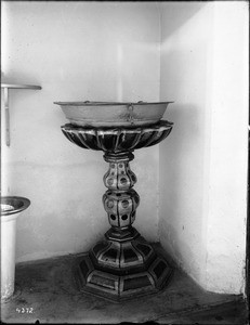 Hammered copper baptismal font at Mission San Luis Obispo de Tolosa, ca.1907