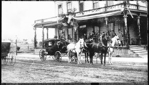 Four horse hack outside of the Los Angeles House hotel in Pasadena, at the disposal of United States President Benjamin Harrison, 1891