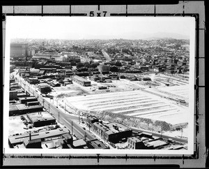 Panoramic view of the construction of Union Station looking northeast from the top of the Los Angeles Gas and Electric tank, August 27, 1935