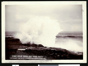 Waves crashing on the rocks in Santa Cruz, ca.1900