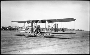 Aviator J. Clifford Turpin at the controls of a Wright Model-B biplane at the Dominguez Hills Air Meet, 1912