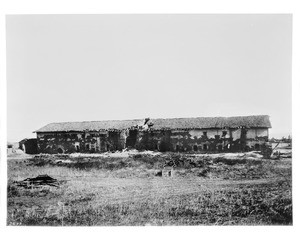 Exterior view of the Mission San Fernando Rey de Espana in disrepair, ca.1887