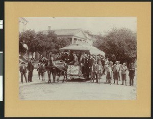 Men posed in and around an "old time street car" in Marysville, Yuba County, 1900-1940
