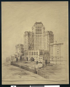 Drawing of Mark Hopkins Hotel from the rear in San Francisco, ca.1920