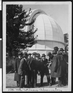 Exterior view of Mount Wilson Observatory with a crowd gathered, ca.1930