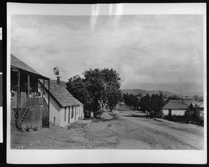 Homes along an unpaved Castelar Street looking north from Sunset Blvd., Sonora Town, ca.1880