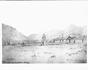 Sketch by Henry Chapman Ford depicting an exterior view of the Pala Mission in San Diego County, July 4, 1880