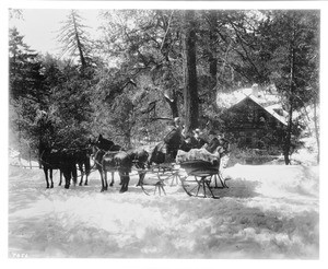 Professor Lowe and his family in a horse-drawn sleigh at the Alpine Tavern on Mt. Lowe, Altadena