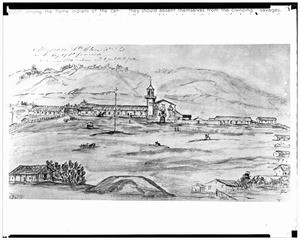 Drawing by G.M. Waseurtz depicting the Mission Santa Clara, 1842-1843