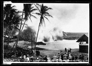 Molten lava joining sea near Hoopuloa village after eruption of Mauna Loa, Hawaii, April 1926