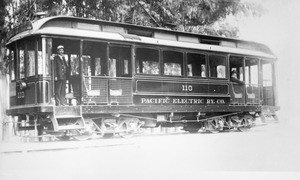 Pacific Electric car One Hundred Ten near the intersection of Temple Street and Hoover Street in Los Angeles