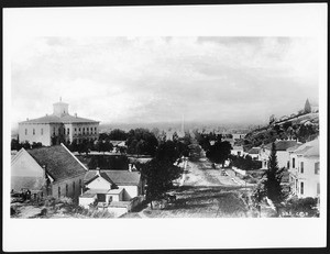 Panoramic view of Fort Street (North Broadway), south from Temple Street, after 1881