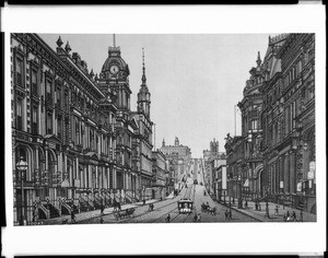 Illustration of San Francisco's California Street, looking west from Sansone Street, ca.1890