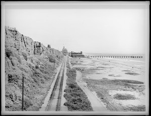 Santa Monica's North Beach and railroad from 99 Steps on the Palisades