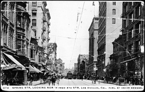 Postcard showing a view of Spring Street looking north from Fourth Street, 1900