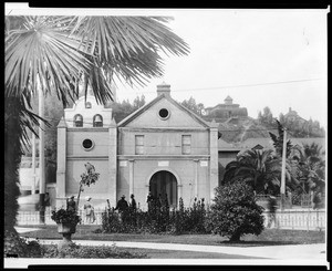 Exterior view of the Old Plaza Church, showing a new bell tower in Los Angeles, ca.1915