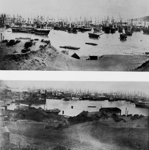 Two views of deserted ships in San Francisco harbor during the Gold Rush of 1850