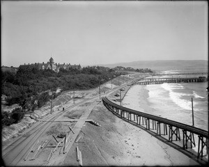 View of Redondo Beach showing railroad tracks and wharf