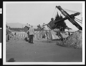 Construction of beach groins, showing a machine laying the cement slabs in place, 1953