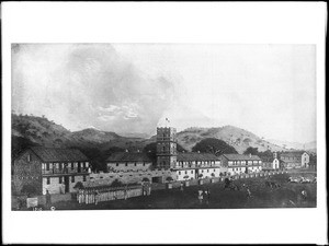 Painting of Fort Vallejo and Mission San Francisco Solano de Sonoma, ca.1900