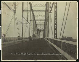 View looking through the Salem Big Steel Bridge which spans the beautiful Willamette River in Salem, Oregon