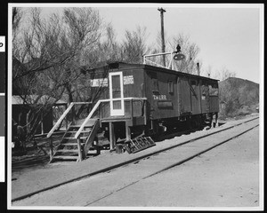 Exterior view of the Tonopah and Tidewater railroad station at Shoshone, ca.1900-1950