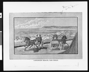 Pseudo woodcut depicting buggies passing on Coronado Beach, San Diego, ca.1890