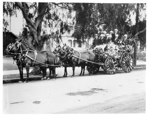 Gent's horse-drawn "Tally-ho" float in the Pasadena Tournament of Roses Parade, ca.1895